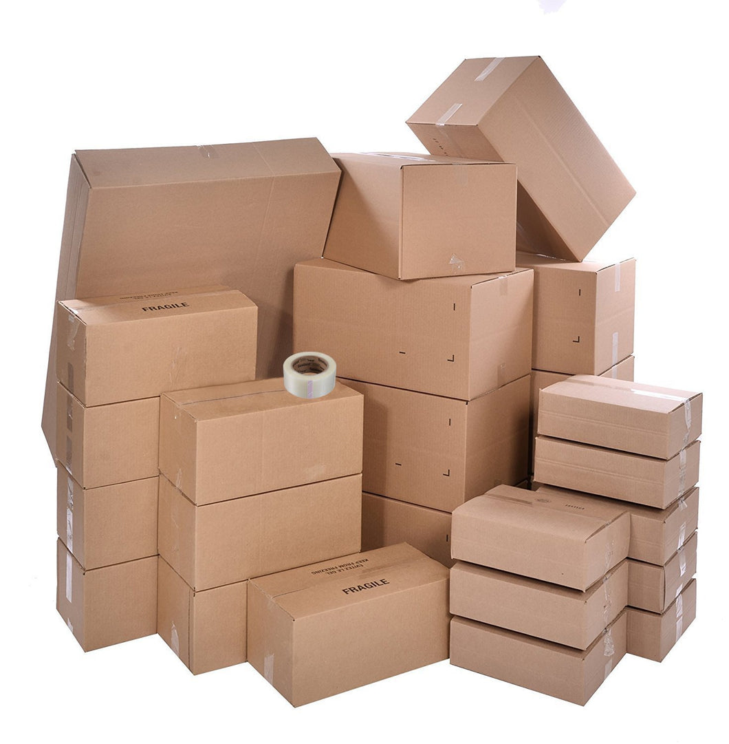 Husky North Standard Box Essential Moving Kit. 8 Large Boxes, 8 Medium Boxes, 8 Small Boxes and 1 roll of clear packing tape. The kit comes in a master box that can be used for large items.